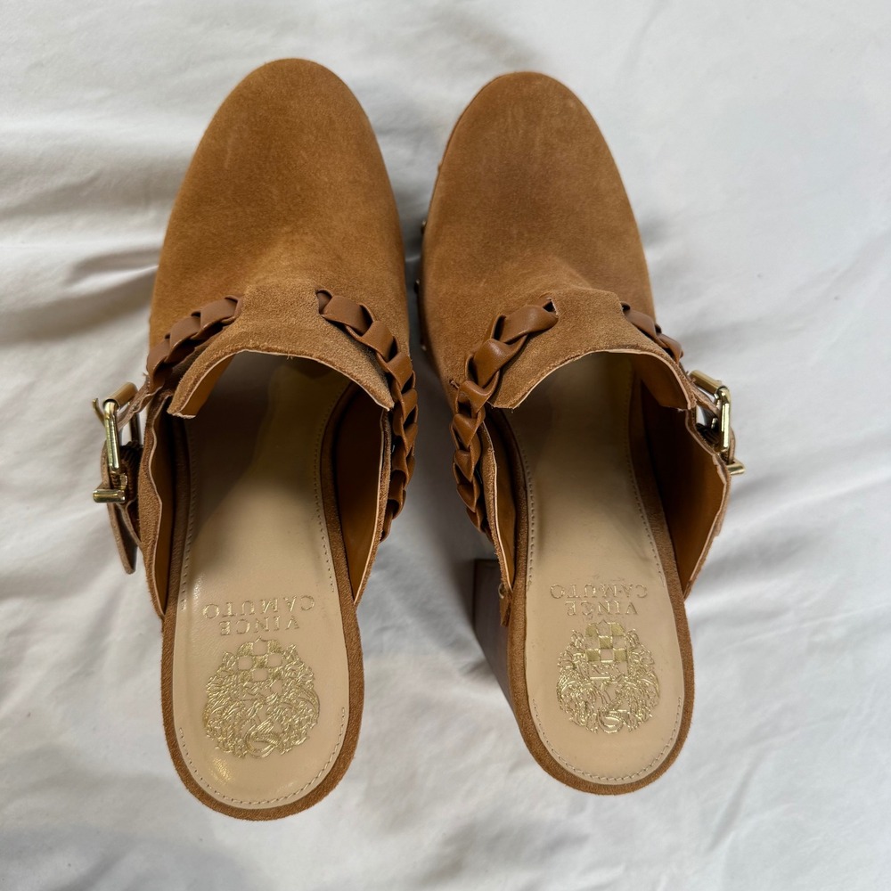 Vince Camuto Crashell Tan Suede Platform Clogs Braided Buckle Mules Studded 9.5 - Picture 7 of 9